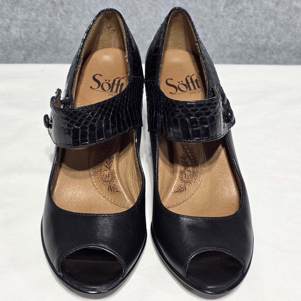 Söfft Women's Black Leather Croc Mary Jane Peep Toe Block Heel, US 7 - Picture 12 of 13